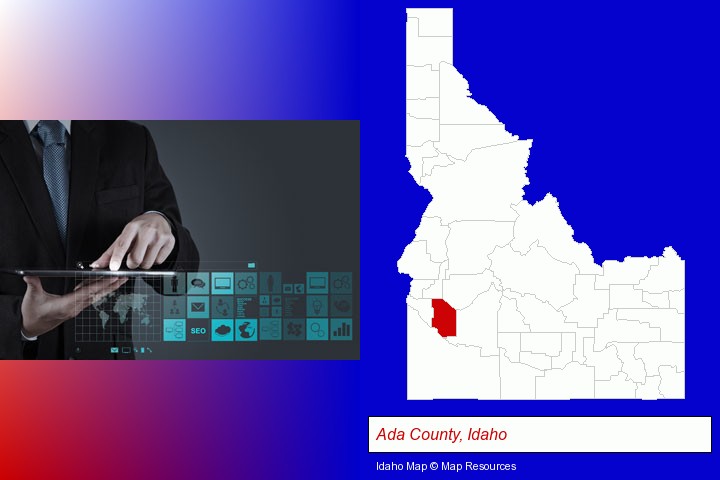 information technology concepts; Ada County, Idaho highlighted in red on a map