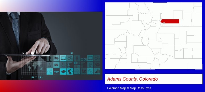 information technology concepts; Adams County, Colorado highlighted in red on a map
