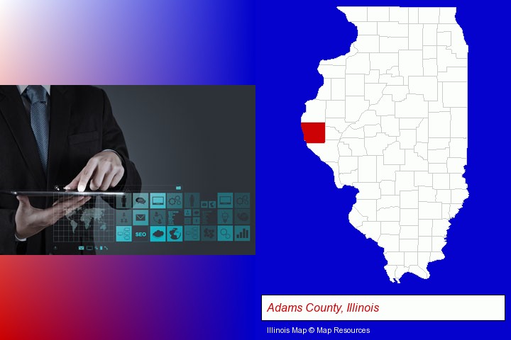 information technology concepts; Adams County, Illinois highlighted in red on a map