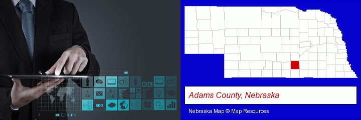 information technology concepts; Adams County, Nebraska highlighted in red on a map