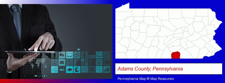 information technology concepts; Adams County, Pennsylvania highlighted in red on a map