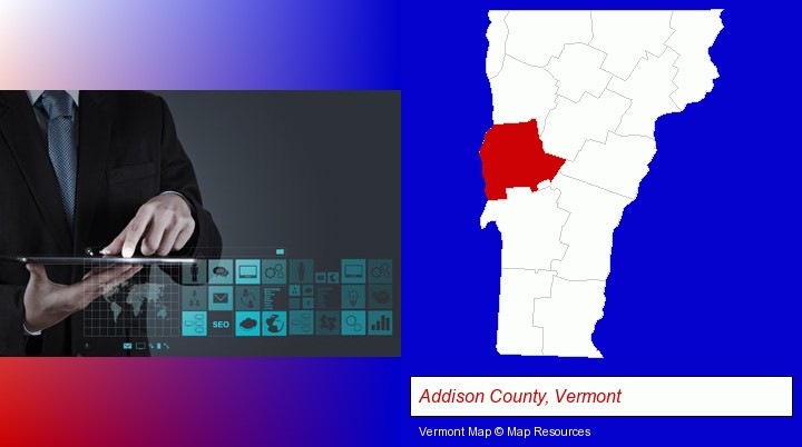 information technology concepts; Addison County, Vermont highlighted in red on a map