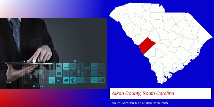 information technology concepts; Aiken County, South Carolina highlighted in red on a map