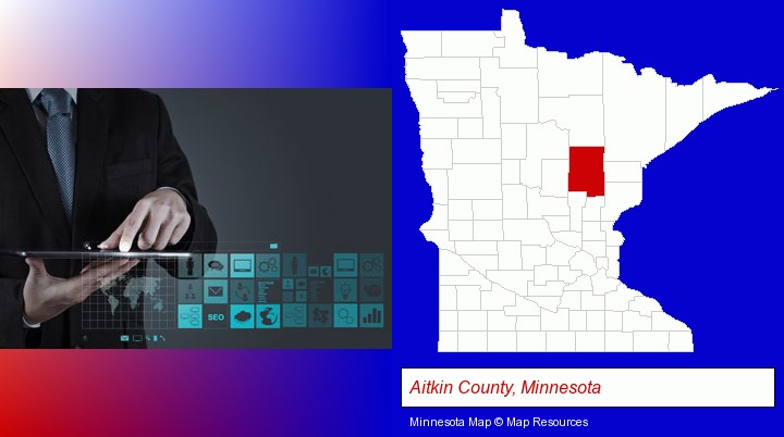 information technology concepts; Aitkin County, Minnesota highlighted in red on a map