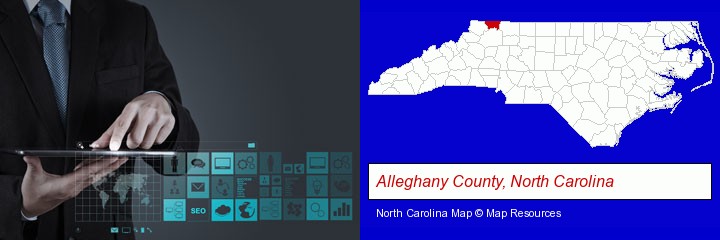 information technology concepts; Alleghany County, North Carolina highlighted in red on a map