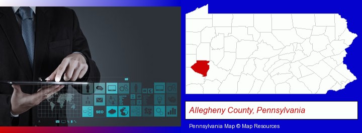 information technology concepts; Allegheny County, Pennsylvania highlighted in red on a map