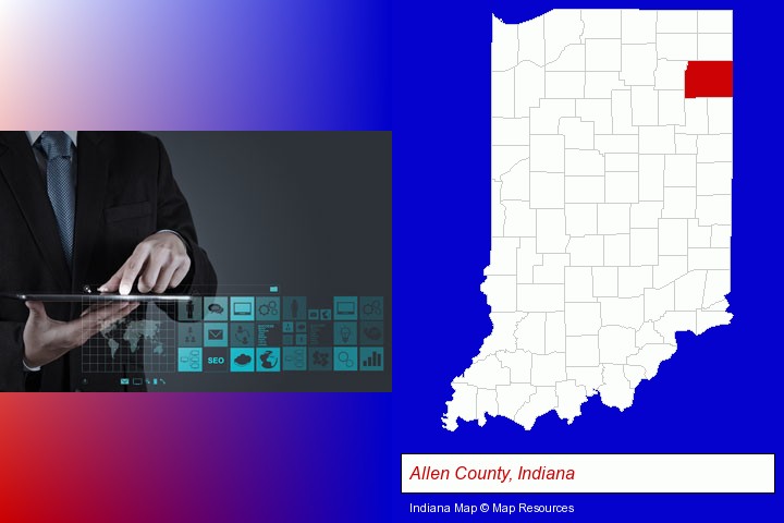 information technology concepts; Allen County, Indiana highlighted in red on a map