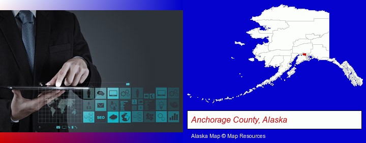 information technology concepts; Anchorage County, Alaska highlighted in red on a map
