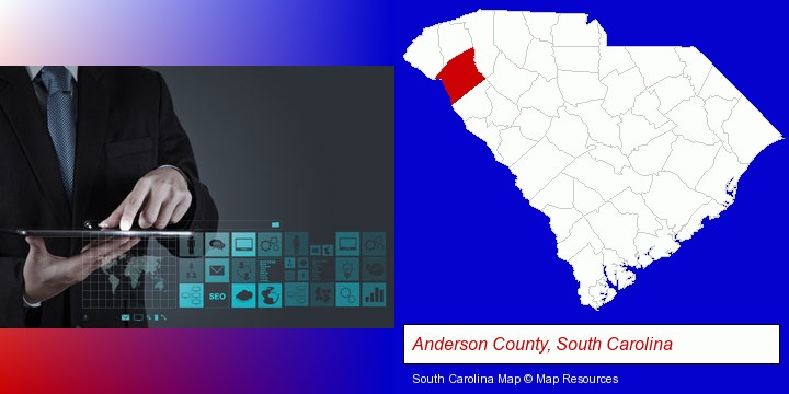 information technology concepts; Anderson County, South Carolina highlighted in red on a map