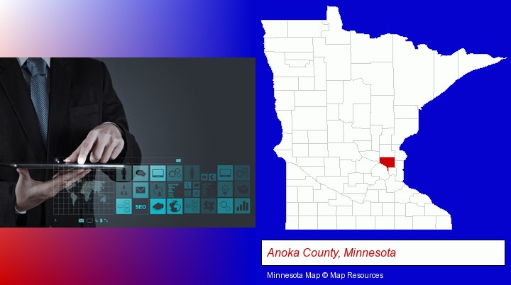 information technology concepts; Anoka County, Minnesota highlighted in red on a map