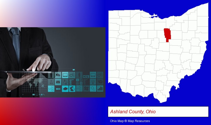 information technology concepts; Ashland County, Ohio highlighted in red on a map