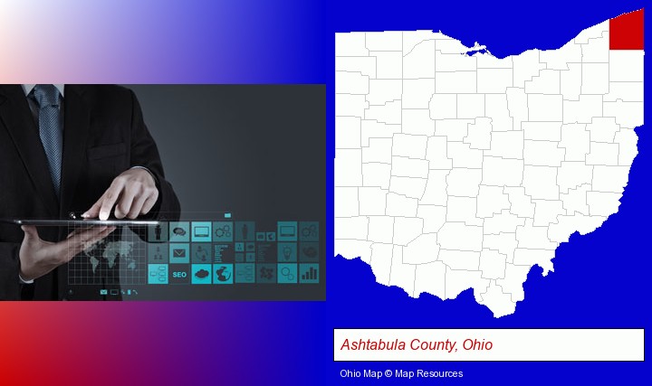 information technology concepts; Ashtabula County, Ohio highlighted in red on a map