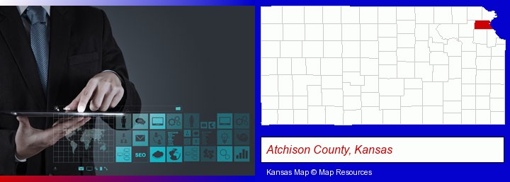 information technology concepts; Atchison County, Kansas highlighted in red on a map
