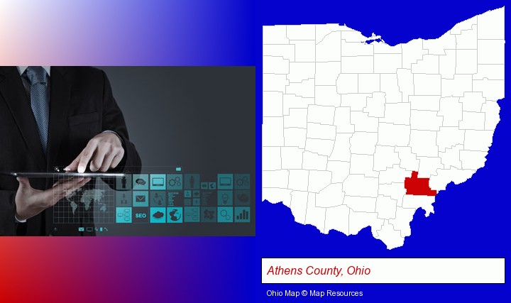 information technology concepts; Athens County, Ohio highlighted in red on a map