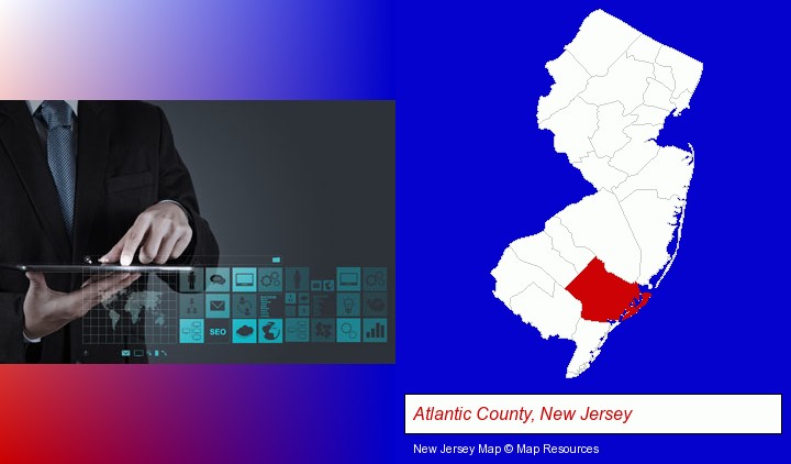 information technology concepts; Atlantic County, New Jersey highlighted in red on a map