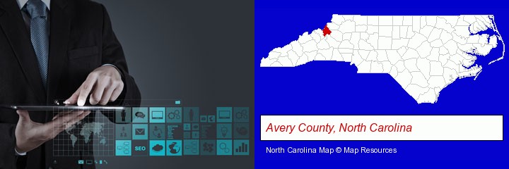 information technology concepts; Avery County, North Carolina highlighted in red on a map