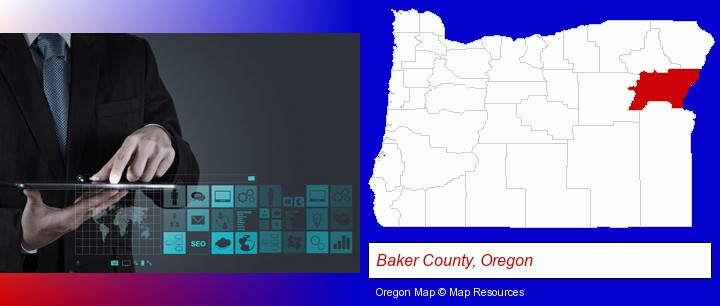 information technology concepts; Baker County, Oregon highlighted in red on a map