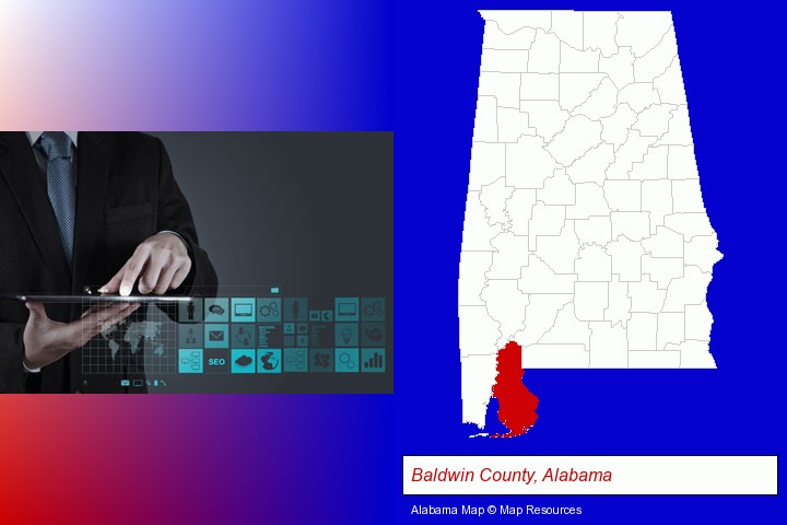 information technology concepts; Baldwin County, Alabama highlighted in red on a map