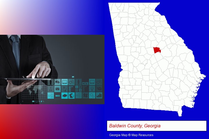 information technology concepts; Baldwin County, Georgia highlighted in red on a map