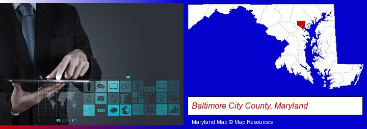 information technology concepts; Baltimore City County, Maryland highlighted in red on a map