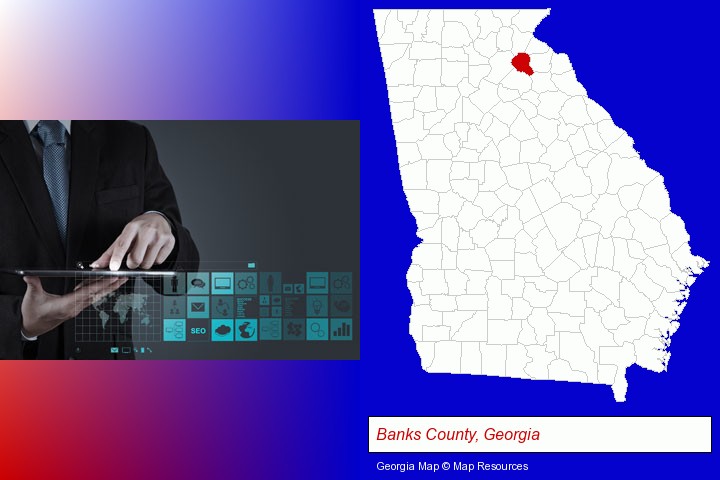 information technology concepts; Banks County, Georgia highlighted in red on a map