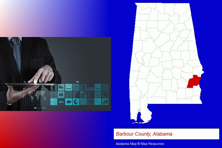 information technology concepts; Barbour County, Alabama highlighted in red on a map