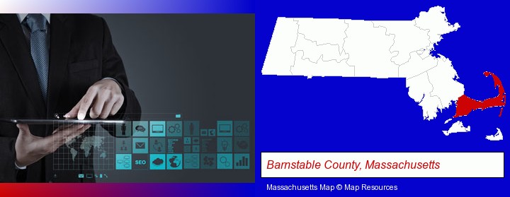information technology concepts; Barnstable County, Massachusetts highlighted in red on a map