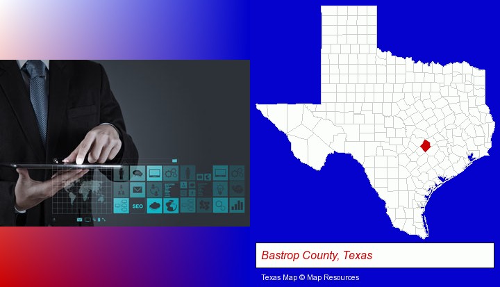 information technology concepts; Bastrop County, Texas highlighted in red on a map