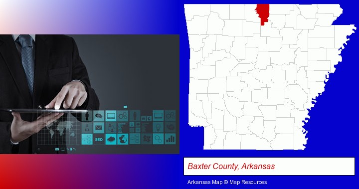 information technology concepts; Baxter County, Arkansas highlighted in red on a map