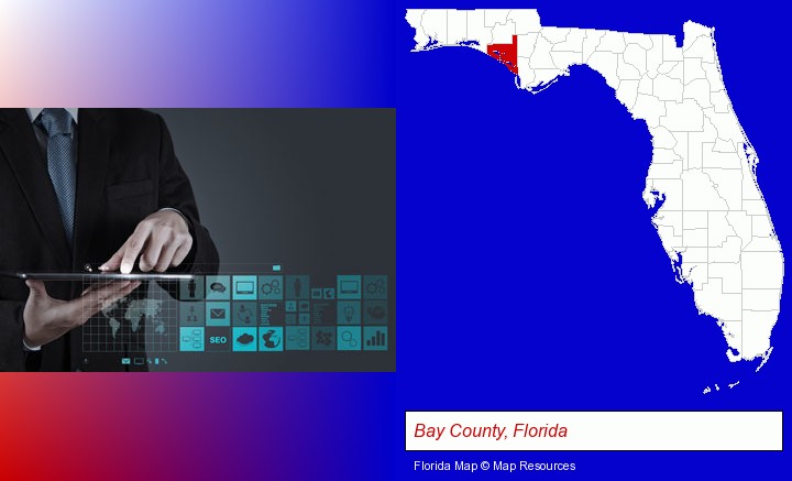 information technology concepts; Bay County, Florida highlighted in red on a map