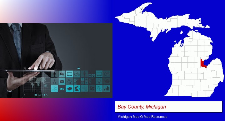 information technology concepts; Bay County, Michigan highlighted in red on a map