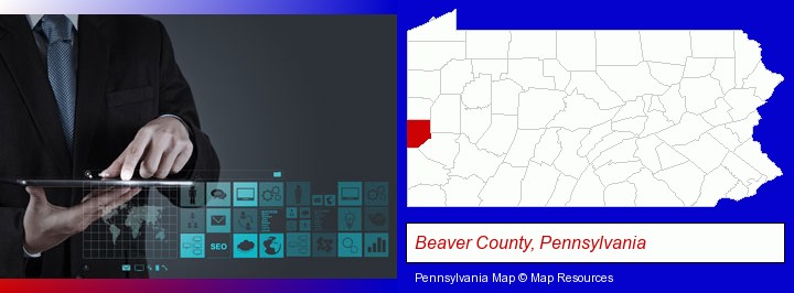 information technology concepts; Beaver County, Pennsylvania highlighted in red on a map