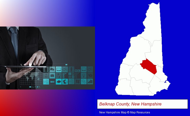 information technology concepts; Belknap County, New Hampshire highlighted in red on a map
