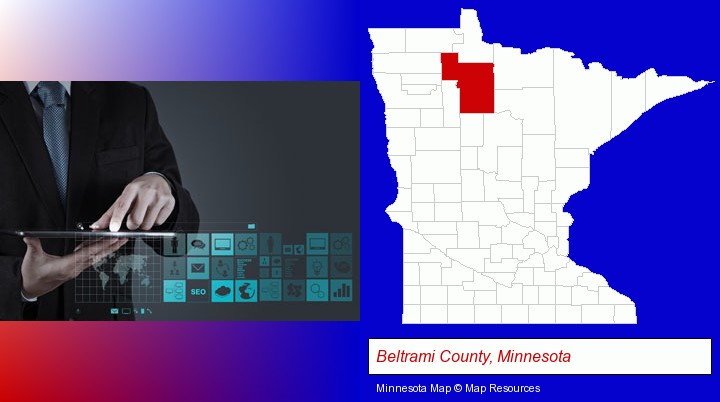 information technology concepts; Beltrami County, Minnesota highlighted in red on a map