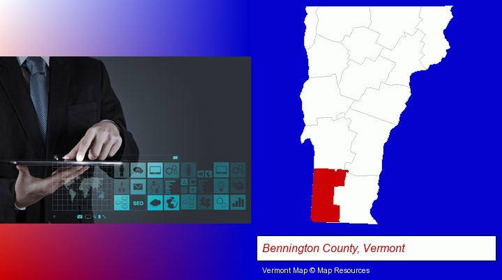 information technology concepts; Bennington County, Vermont highlighted in red on a map