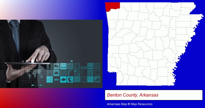information technology concepts; Benton County, Arkansas highlighted in red on a map