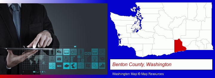 information technology concepts; Benton County, Washington highlighted in red on a map