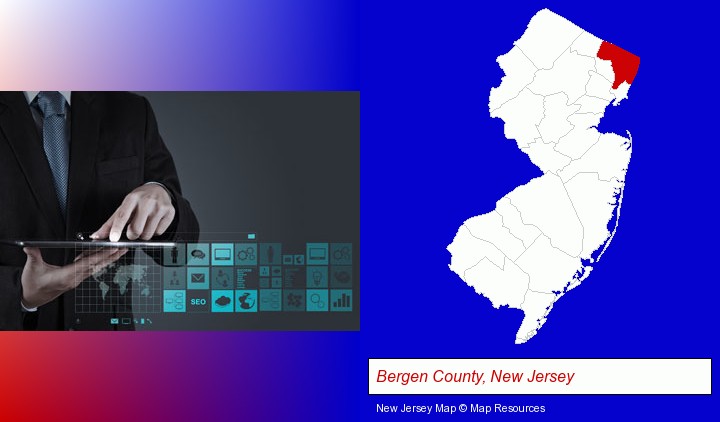 information technology concepts; Bergen County, New Jersey highlighted in red on a map