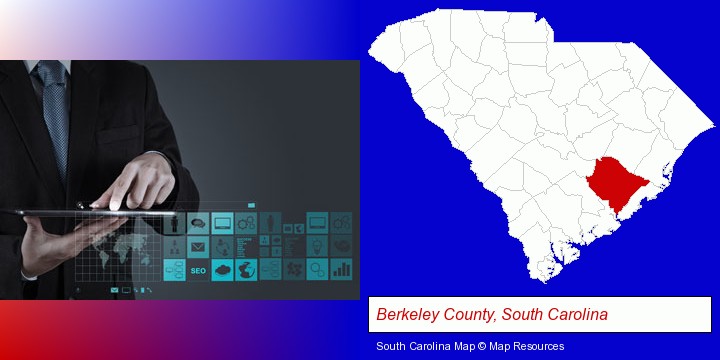 information technology concepts; Berkeley County, South Carolina highlighted in red on a map