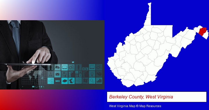 information technology concepts; Berkeley County, West Virginia highlighted in red on a map