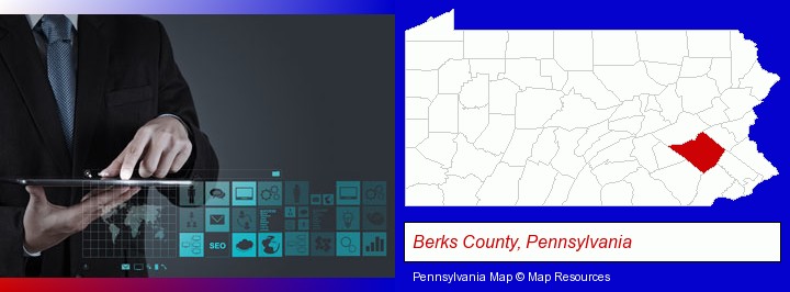 information technology concepts; Berks County, Pennsylvania highlighted in red on a map