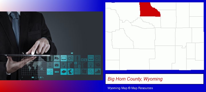 information technology concepts; Big Horn County, Wyoming highlighted in red on a map