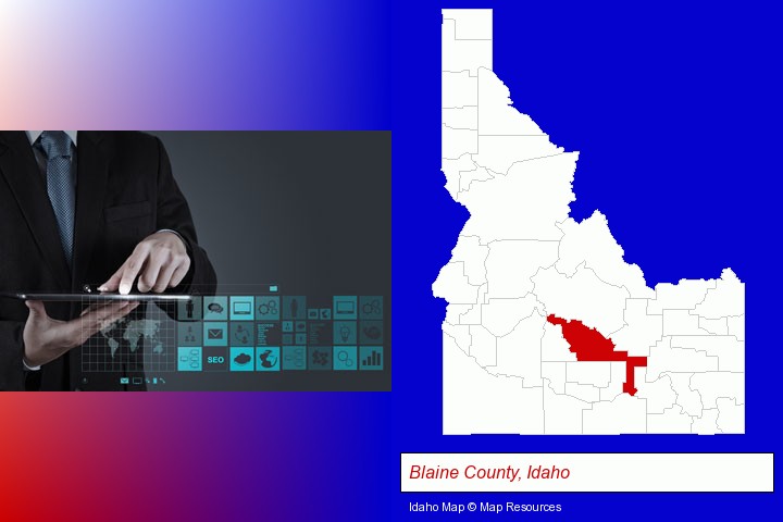 information technology concepts; Blaine County, Idaho highlighted in red on a map