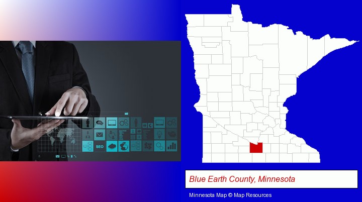 information technology concepts; Blue Earth County, Minnesota highlighted in red on a map