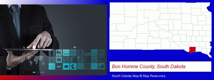 information technology concepts; Bon Homme County, South Dakota highlighted in red on a map
