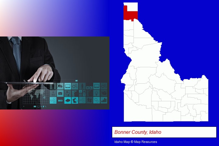 information technology concepts; Bonner County, Idaho highlighted in red on a map
