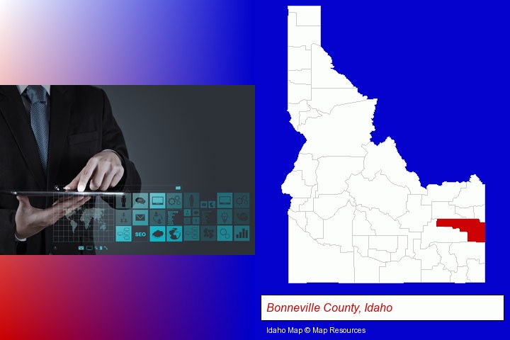 information technology concepts; Bonneville County, Idaho highlighted in red on a map