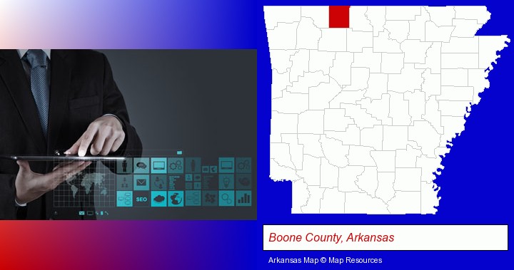 information technology concepts; Boone County, Arkansas highlighted in red on a map