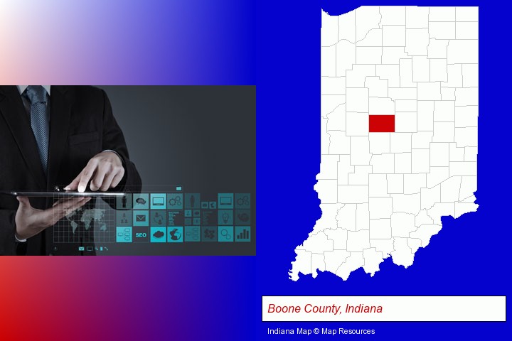 information technology concepts; Boone County, Indiana highlighted in red on a map