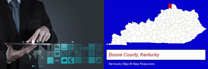 information technology concepts; Boone County, Kentucky highlighted in red on a map
